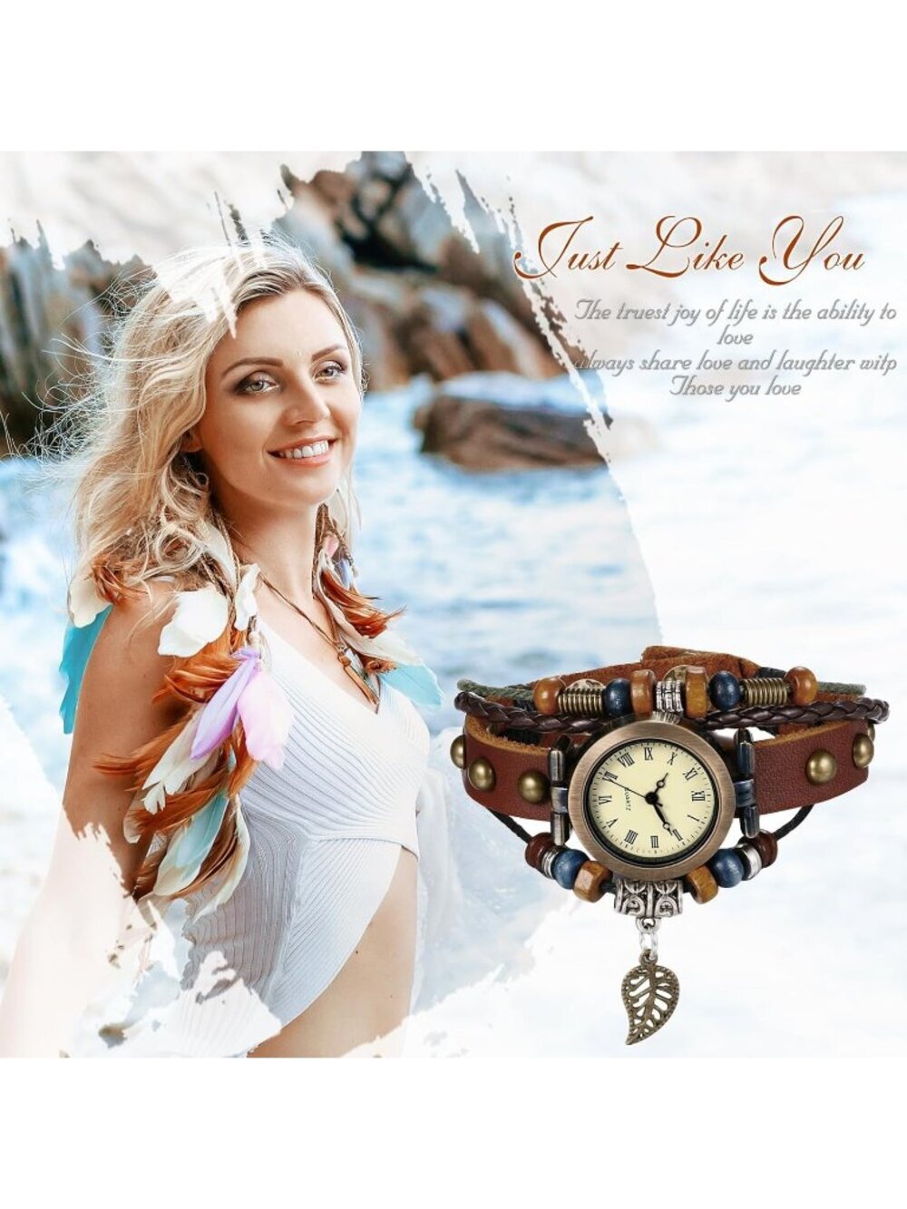 Womens Brown Analog Leaf Roman Numerals Bracelet Weave Wrap Around Leather Watch - Picture 6 of 6